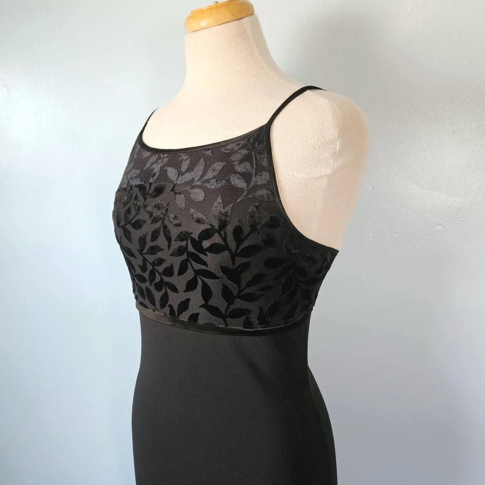 Vtg 90s Byer Too Black Burnout Velvet Leaf Maxi Dress Spaghetti Strap Medium USA